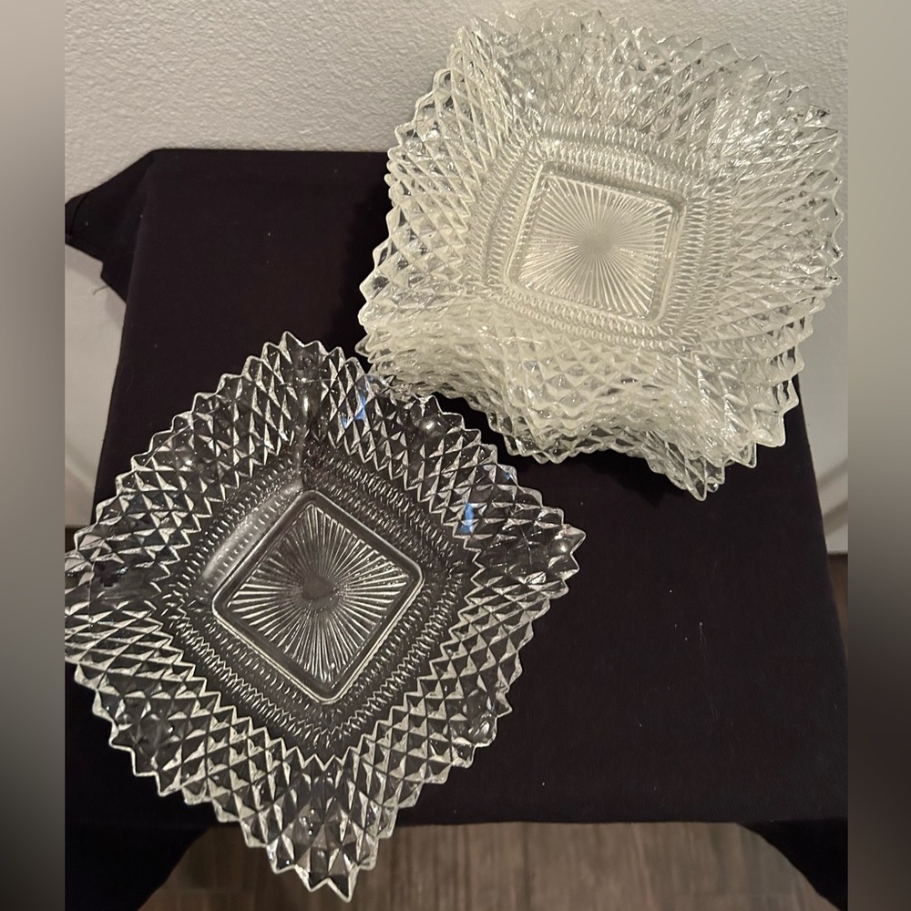 4 Indiana Glass dishes 6.75” (Diamond Point Ruffle Sawtooth Dishes) vintage.